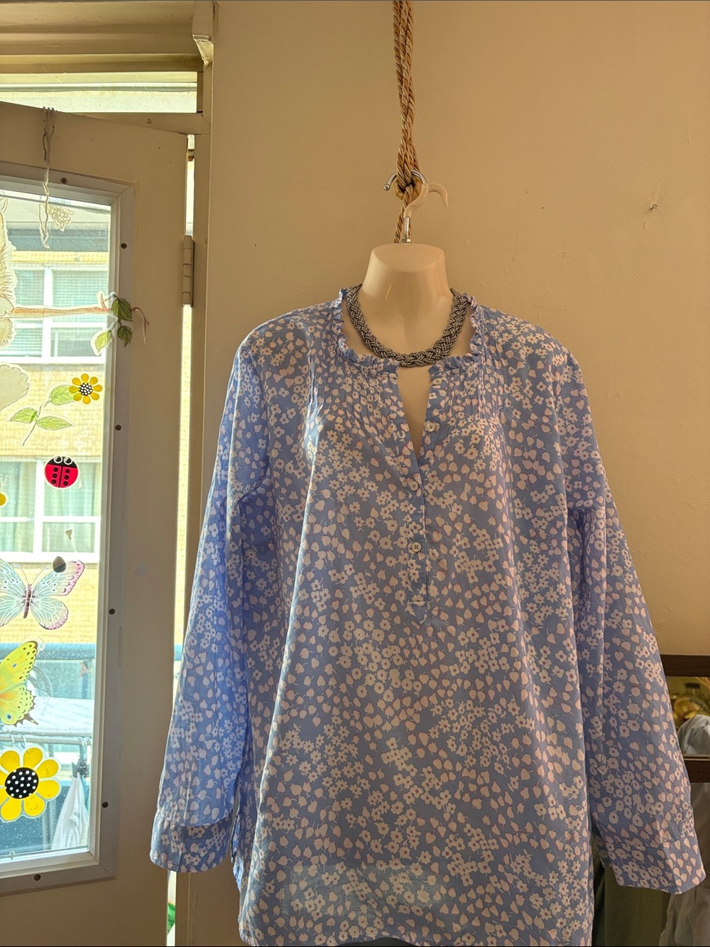Talbots Blue and White Floral Button-Front Shirt. Cotton